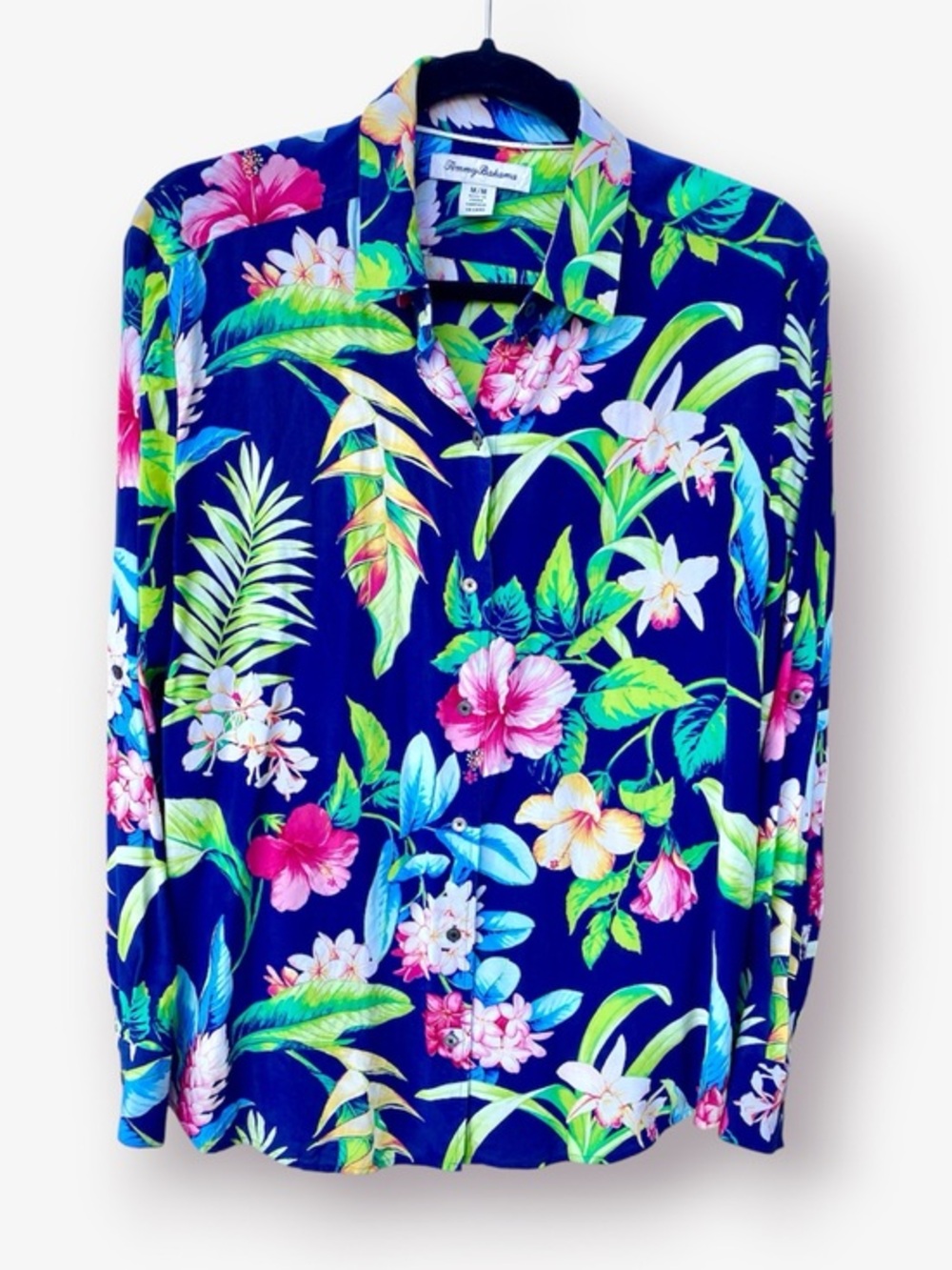 Tommy Bahama Navy Blue Tropical Floral Silk Shirt Size M